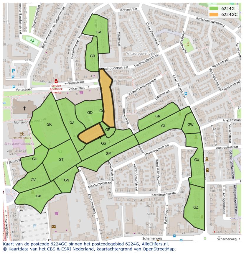 Afbeelding van het postcodegebied 6224 GC op de kaart.