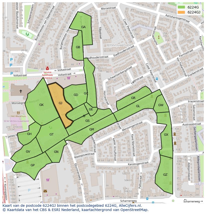 Afbeelding van het postcodegebied 6224 GJ op de kaart.