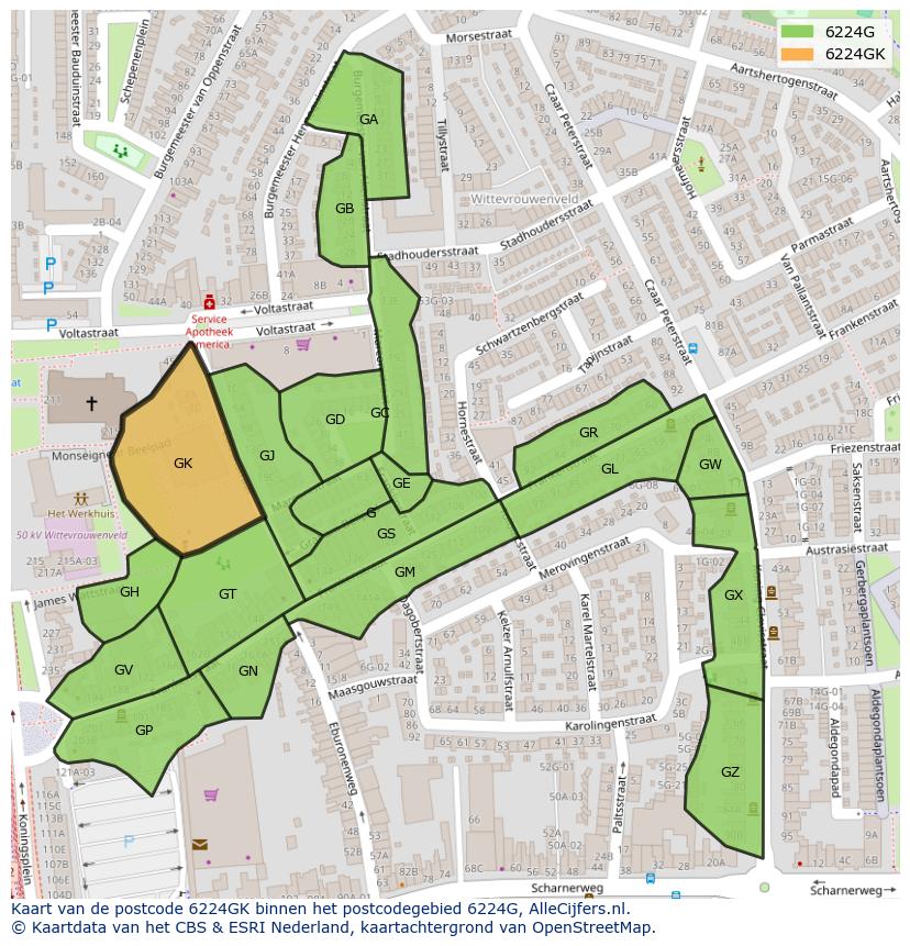 Afbeelding van het postcodegebied 6224 GK op de kaart.