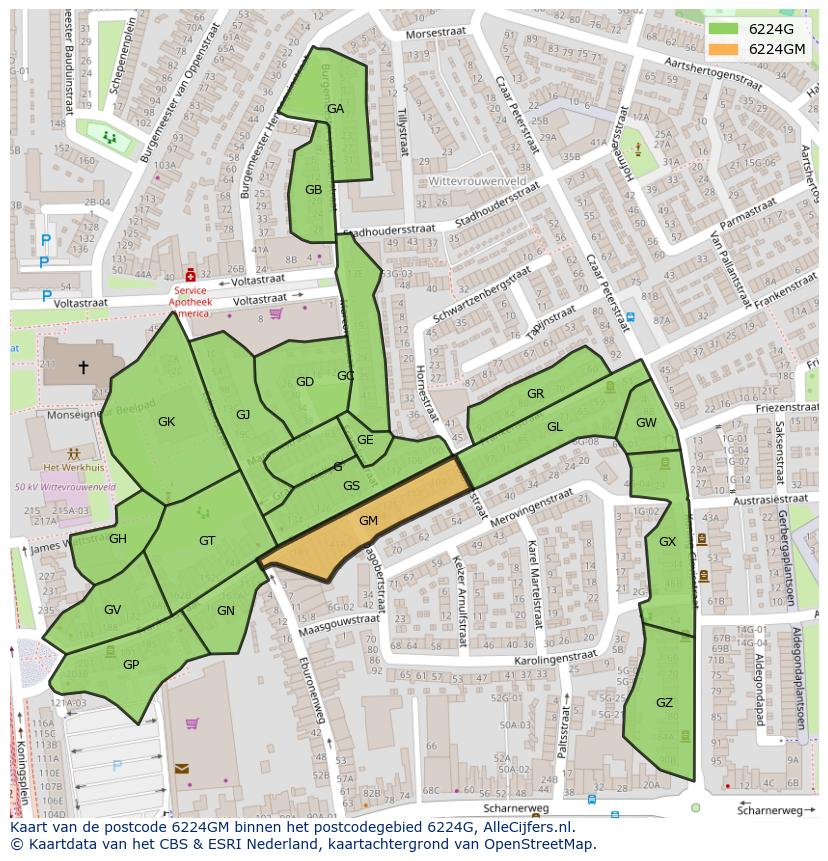 Afbeelding van het postcodegebied 6224 GM op de kaart.