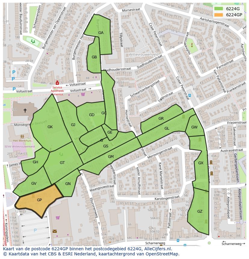 Afbeelding van het postcodegebied 6224 GP op de kaart.