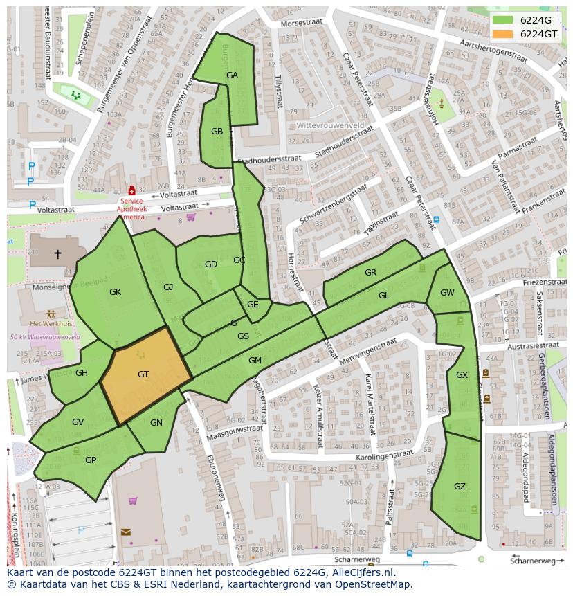 Afbeelding van het postcodegebied 6224 GT op de kaart.