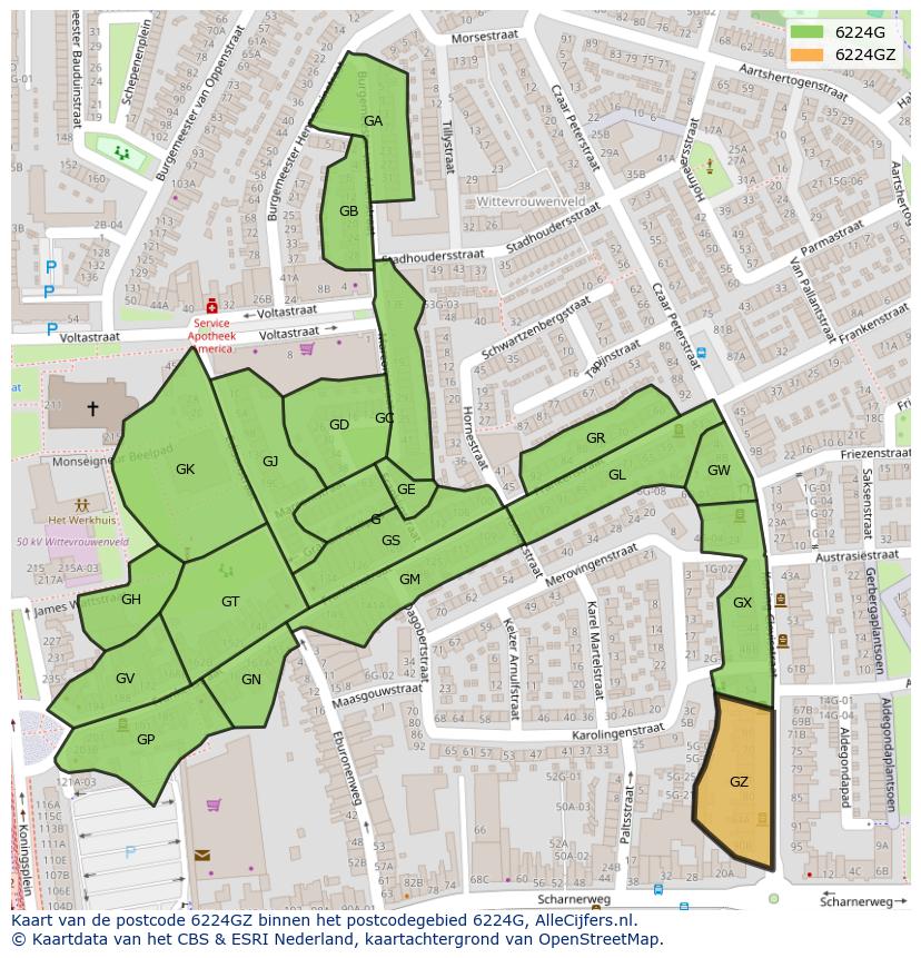 Afbeelding van het postcodegebied 6224 GZ op de kaart.