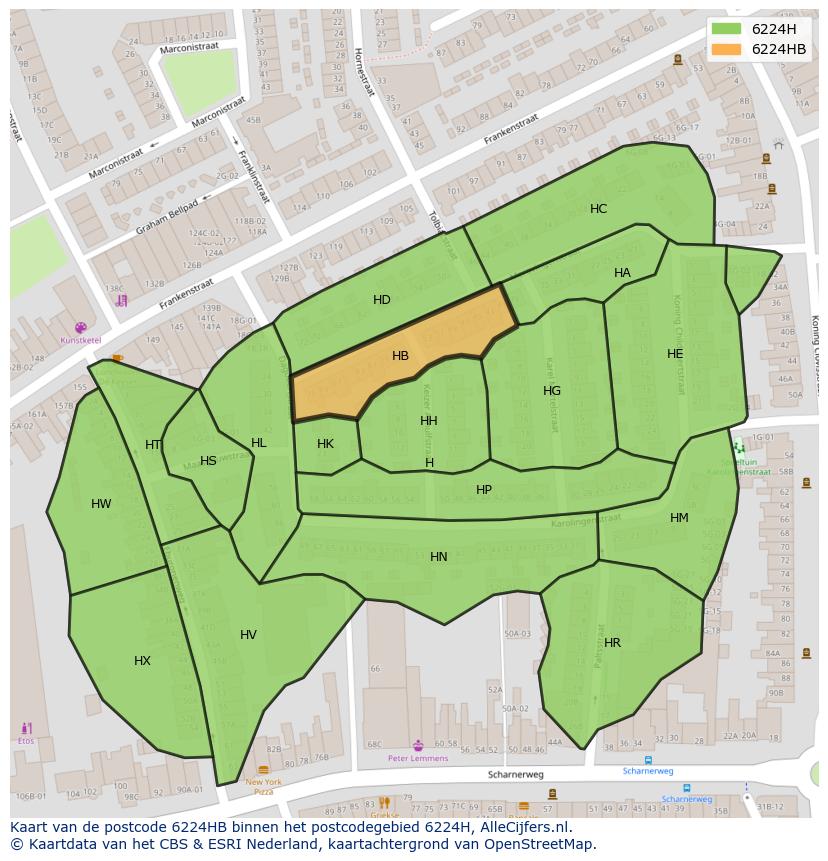 Afbeelding van het postcodegebied 6224 HB op de kaart.