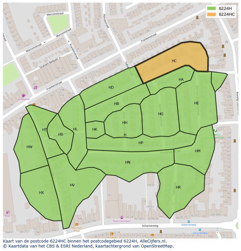 Afbeelding van het postcodegebied 6224 HC op de kaart.
