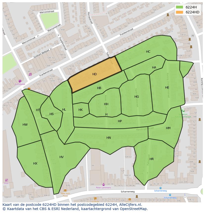Afbeelding van het postcodegebied 6224 HD op de kaart.