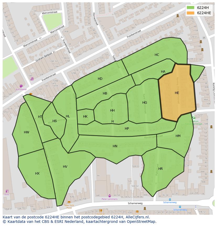 Afbeelding van het postcodegebied 6224 HE op de kaart.