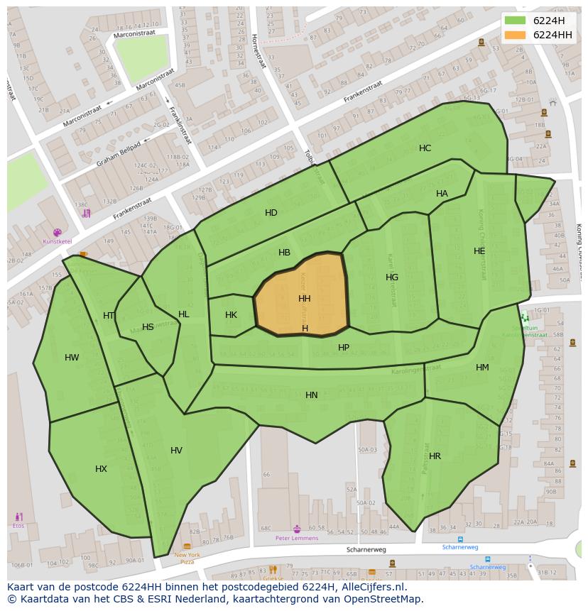 Afbeelding van het postcodegebied 6224 HH op de kaart.