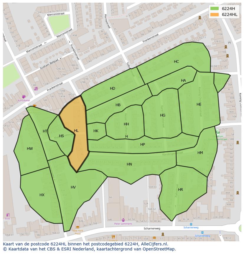 Afbeelding van het postcodegebied 6224 HL op de kaart.
