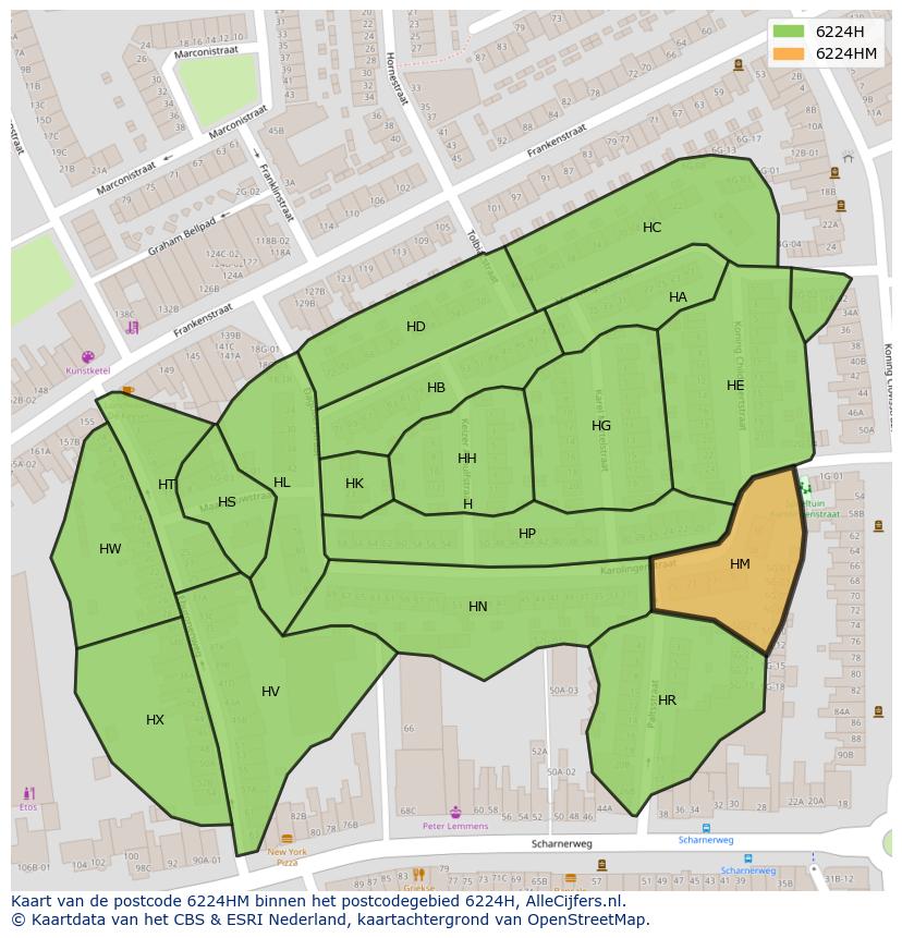 Afbeelding van het postcodegebied 6224 HM op de kaart.