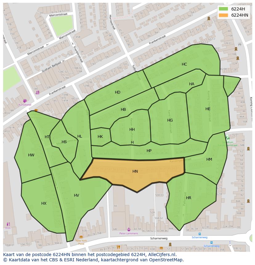 Afbeelding van het postcodegebied 6224 HN op de kaart.