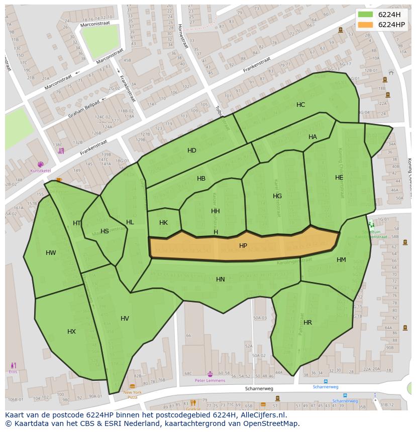 Afbeelding van het postcodegebied 6224 HP op de kaart.