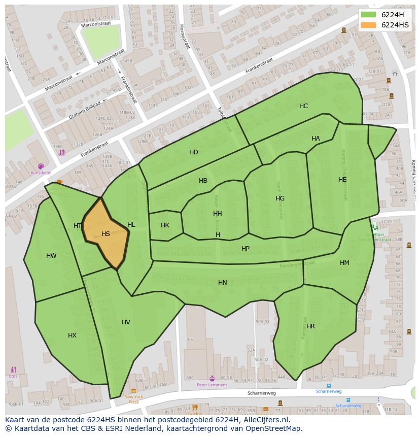 Afbeelding van het postcodegebied 6224 HS op de kaart.