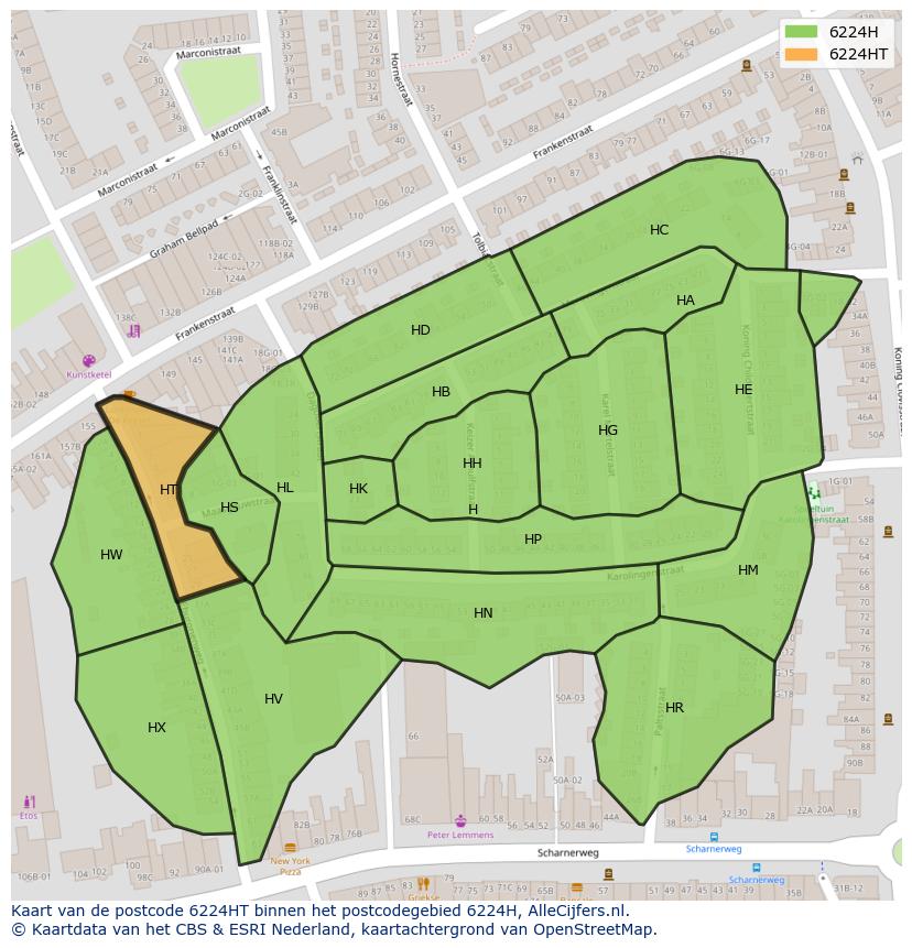 Afbeelding van het postcodegebied 6224 HT op de kaart.
