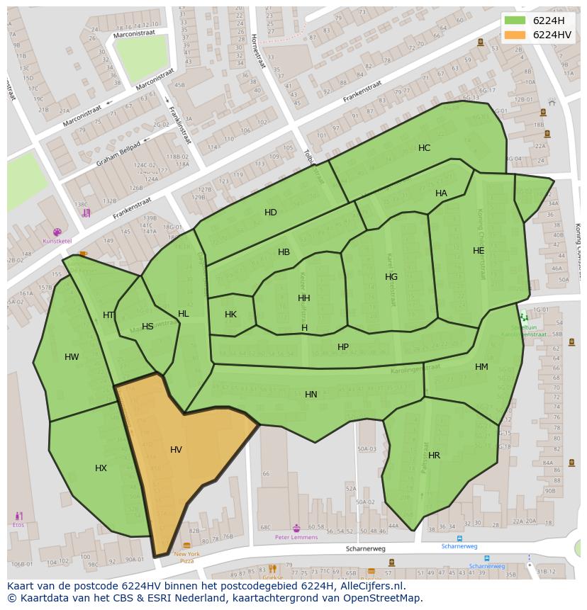 Afbeelding van het postcodegebied 6224 HV op de kaart.