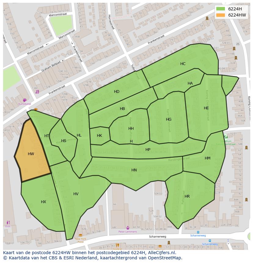 Afbeelding van het postcodegebied 6224 HW op de kaart.