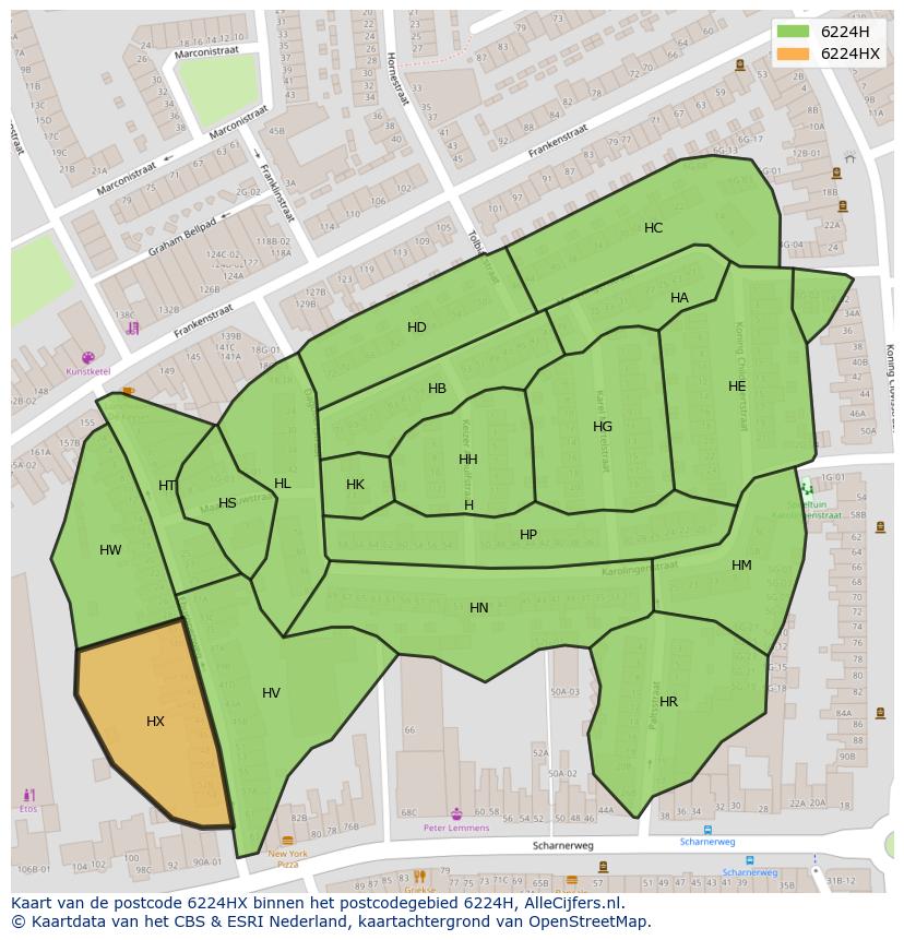 Afbeelding van het postcodegebied 6224 HX op de kaart.