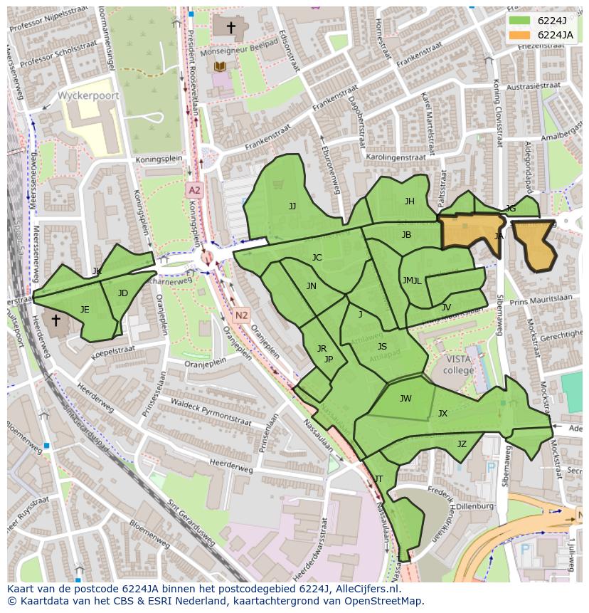 Afbeelding van het postcodegebied 6224 JA op de kaart.