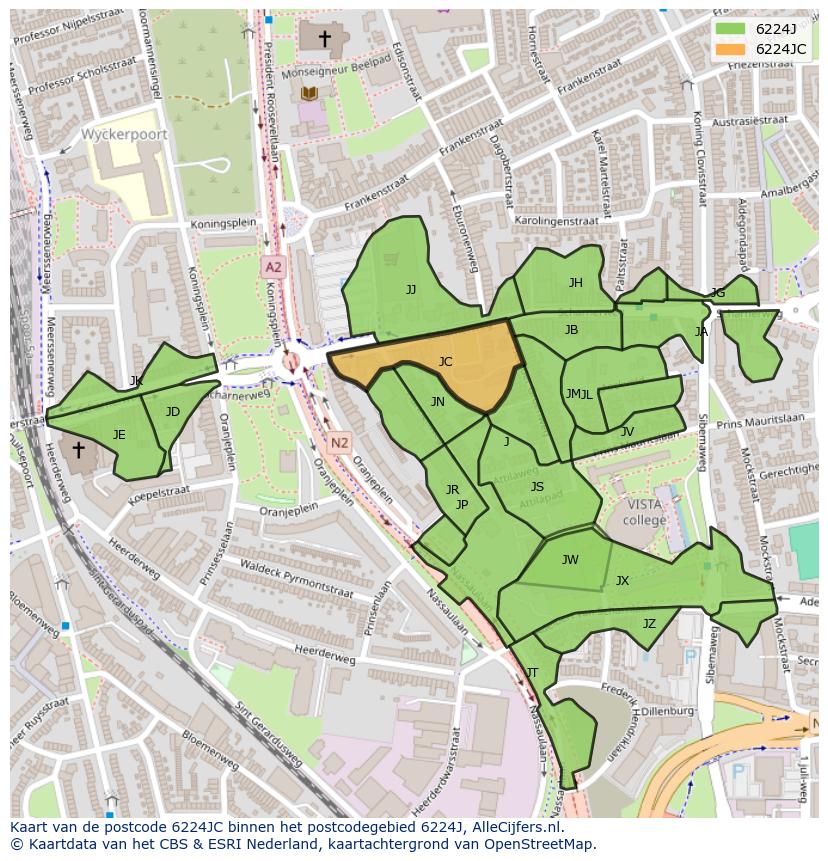 Afbeelding van het postcodegebied 6224 JC op de kaart.