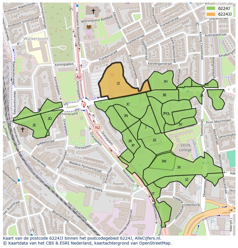Afbeelding van het postcodegebied 6224 JJ op de kaart.