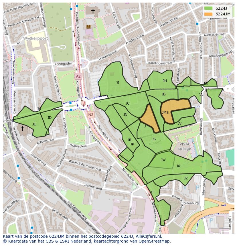Afbeelding van het postcodegebied 6224 JM op de kaart.