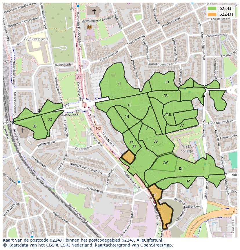 Afbeelding van het postcodegebied 6224 JT op de kaart.