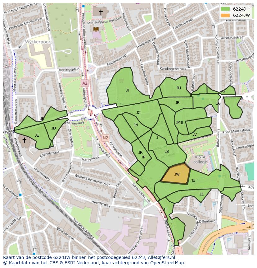 Afbeelding van het postcodegebied 6224 JW op de kaart.
