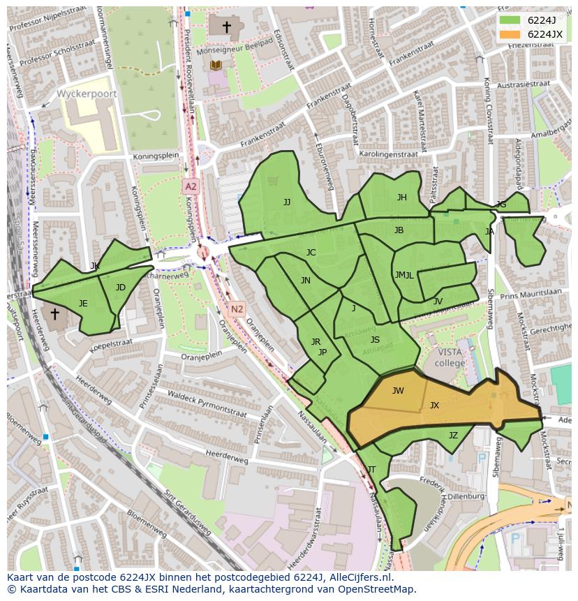 Afbeelding van het postcodegebied 6224 JX op de kaart.