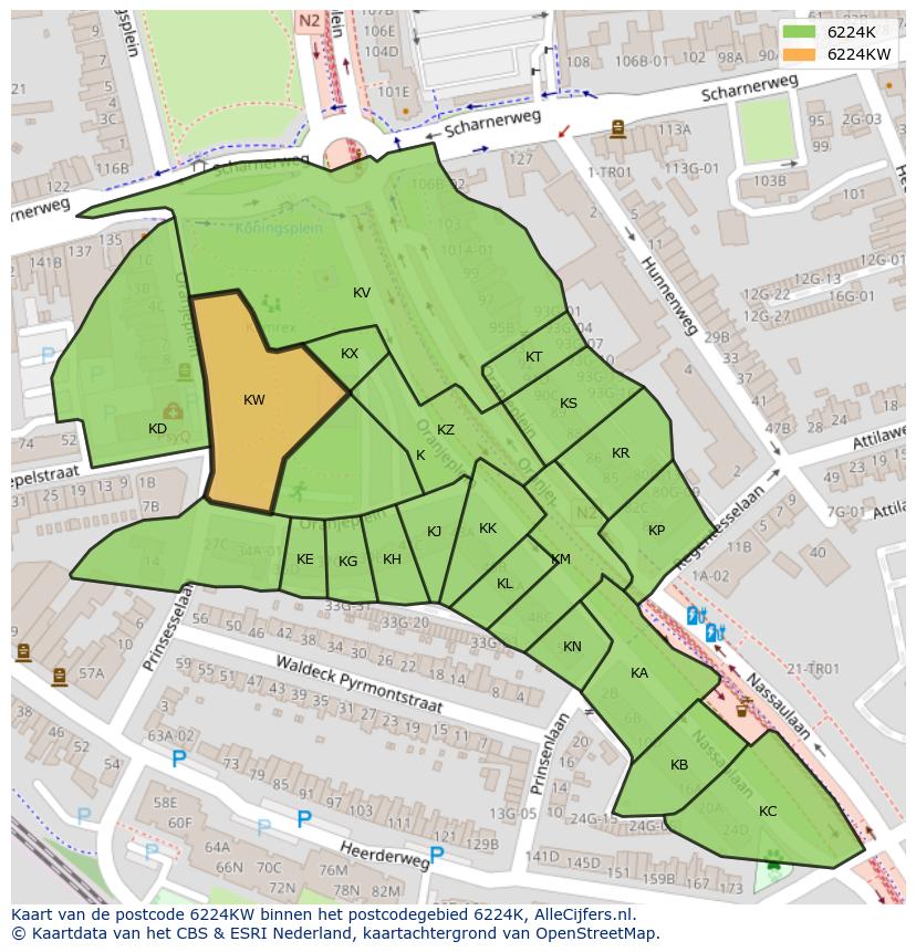 Afbeelding van het postcodegebied 6224 KW op de kaart.