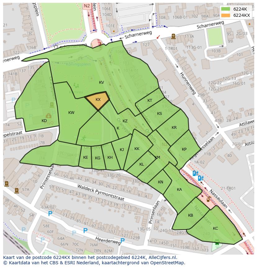 Afbeelding van het postcodegebied 6224 KX op de kaart.
