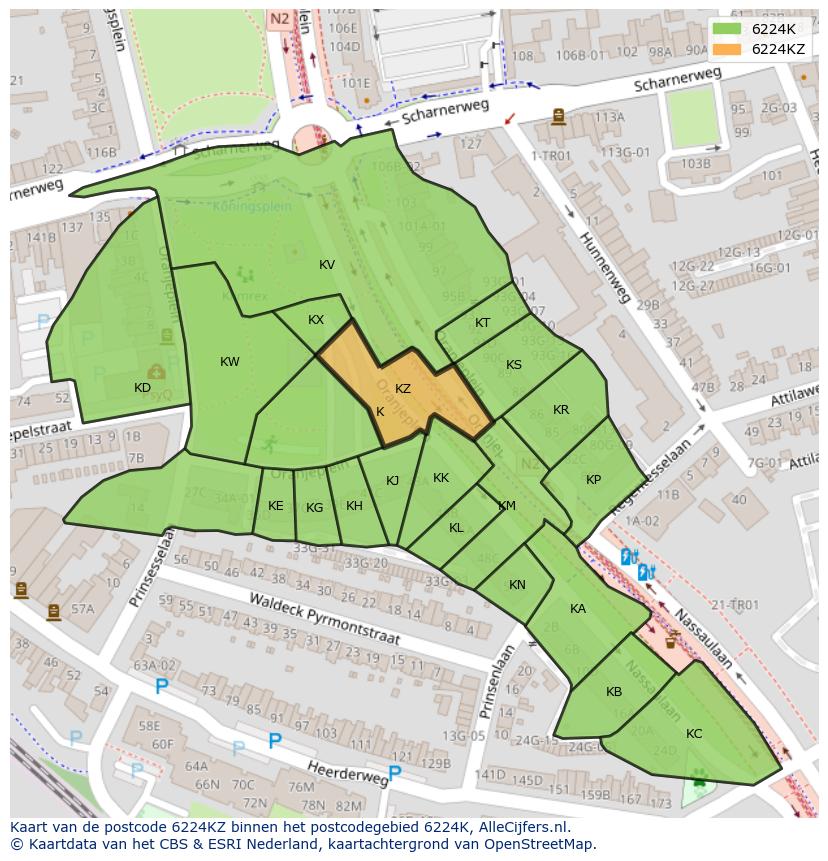 Afbeelding van het postcodegebied 6224 KZ op de kaart.