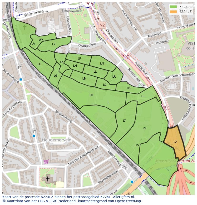 Afbeelding van het postcodegebied 6224 LZ op de kaart.