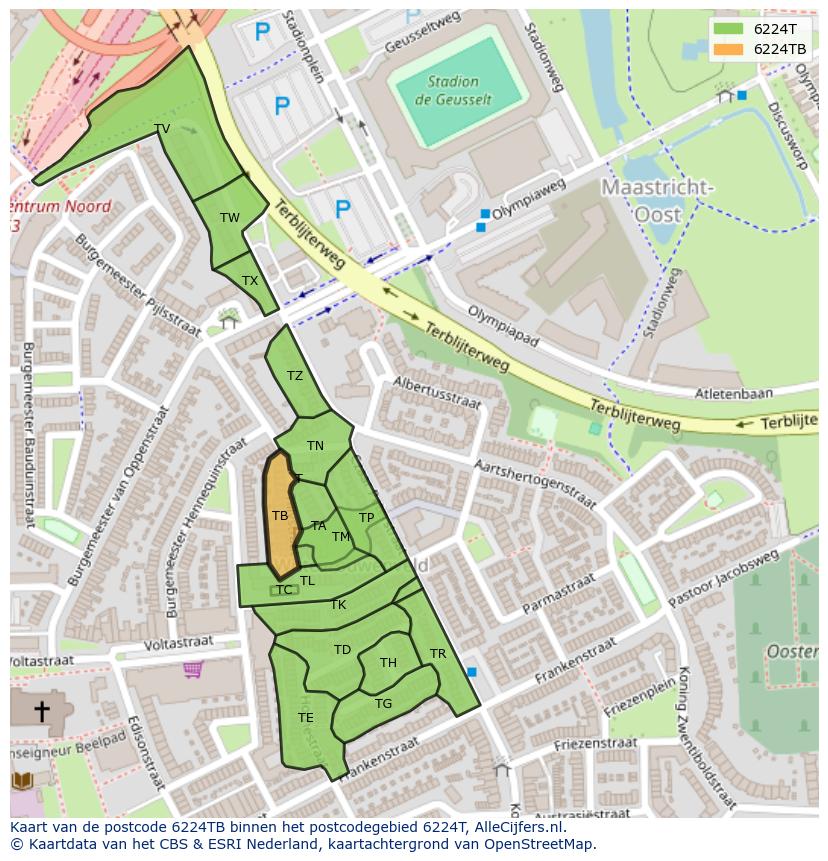 Afbeelding van het postcodegebied 6224 TB op de kaart.
