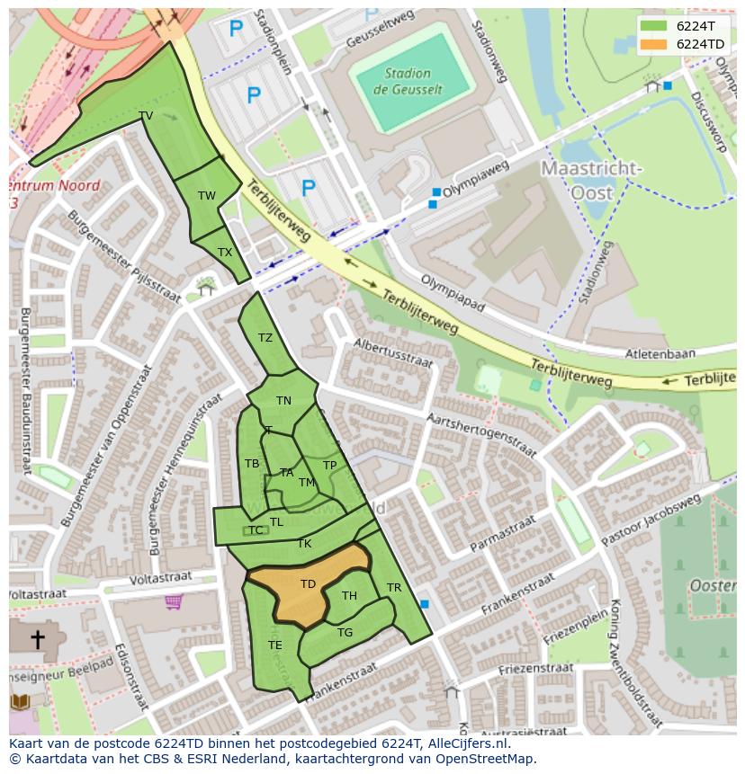 Afbeelding van het postcodegebied 6224 TD op de kaart.