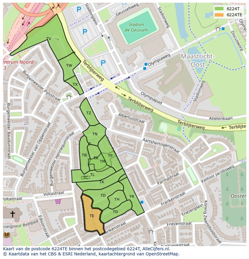 Afbeelding van het postcodegebied 6224 TE op de kaart.