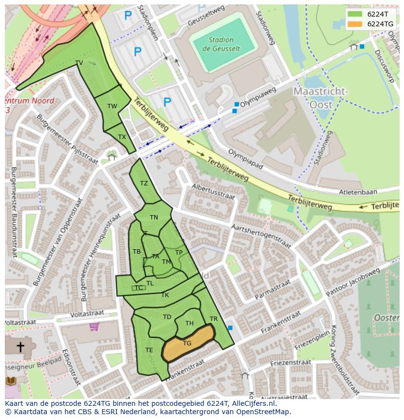 Afbeelding van het postcodegebied 6224 TG op de kaart.