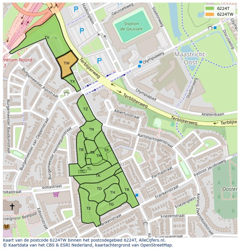 Afbeelding van het postcodegebied 6224 TW op de kaart.