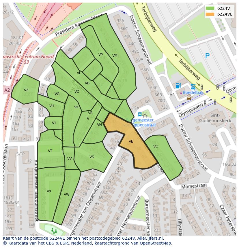 Afbeelding van het postcodegebied 6224 VE op de kaart.
