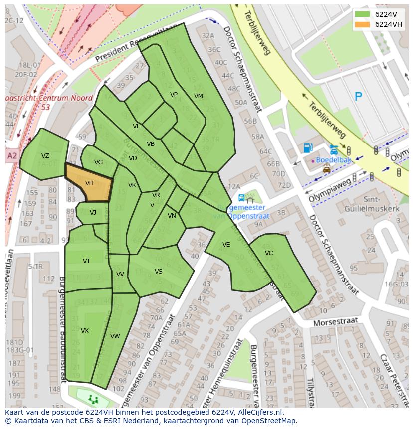 Afbeelding van het postcodegebied 6224 VH op de kaart.