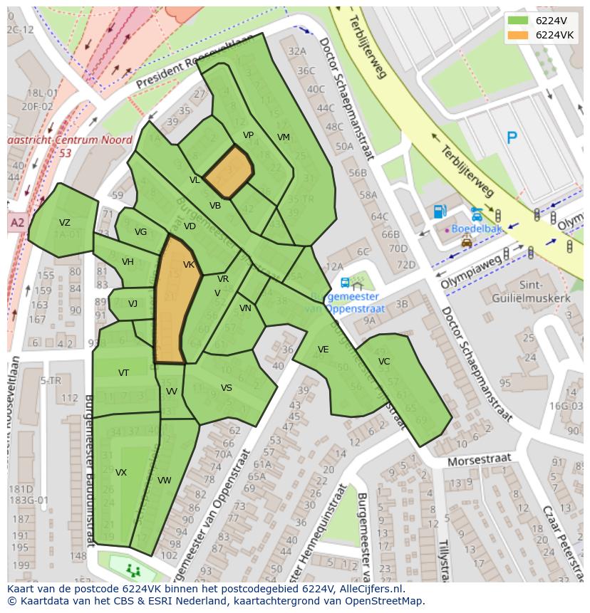 Afbeelding van het postcodegebied 6224 VK op de kaart.