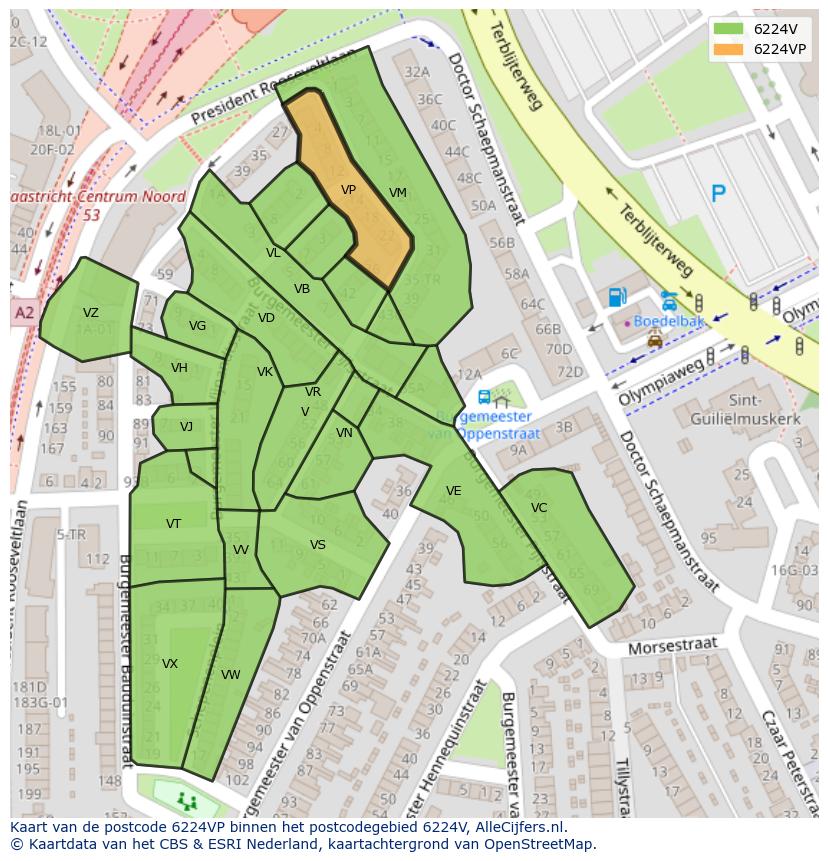Afbeelding van het postcodegebied 6224 VP op de kaart.