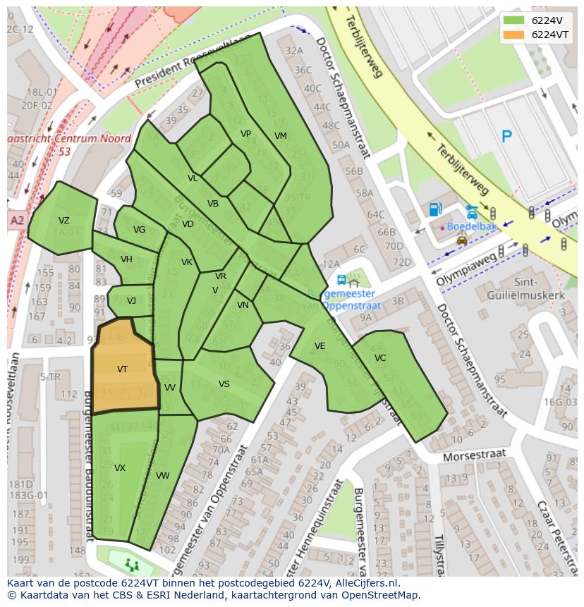 Afbeelding van het postcodegebied 6224 VT op de kaart.