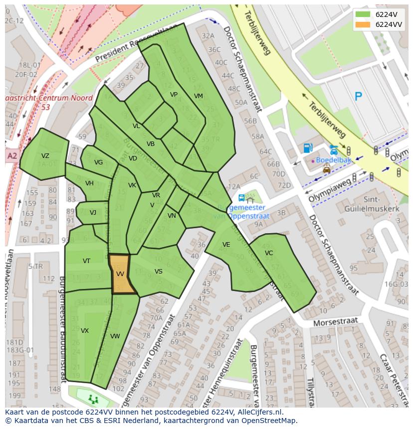 Afbeelding van het postcodegebied 6224 VV op de kaart.