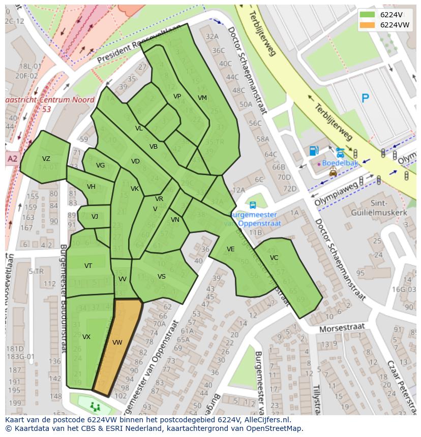 Afbeelding van het postcodegebied 6224 VW op de kaart.