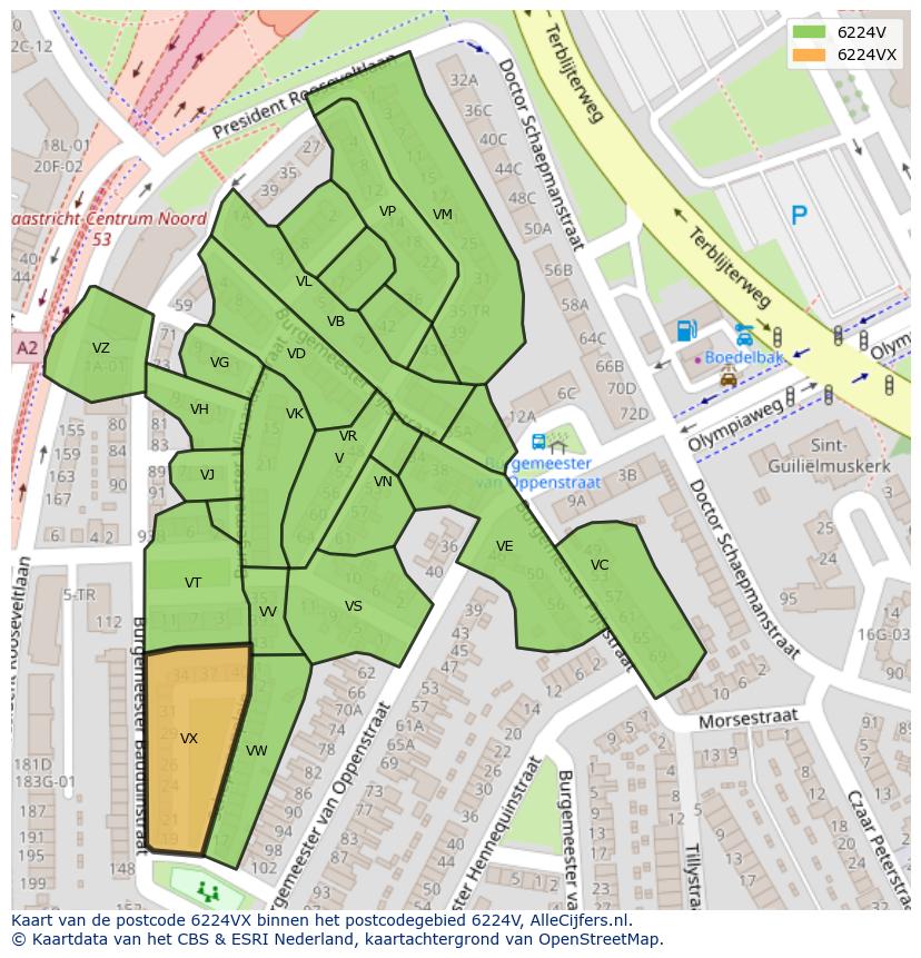 Afbeelding van het postcodegebied 6224 VX op de kaart.