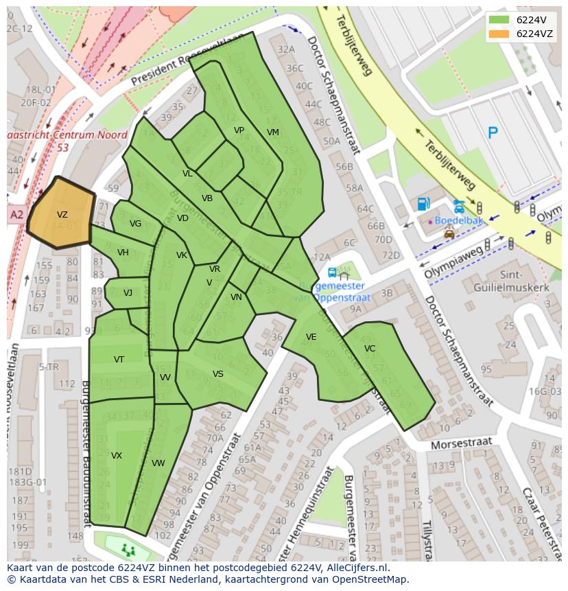 Afbeelding van het postcodegebied 6224 VZ op de kaart.