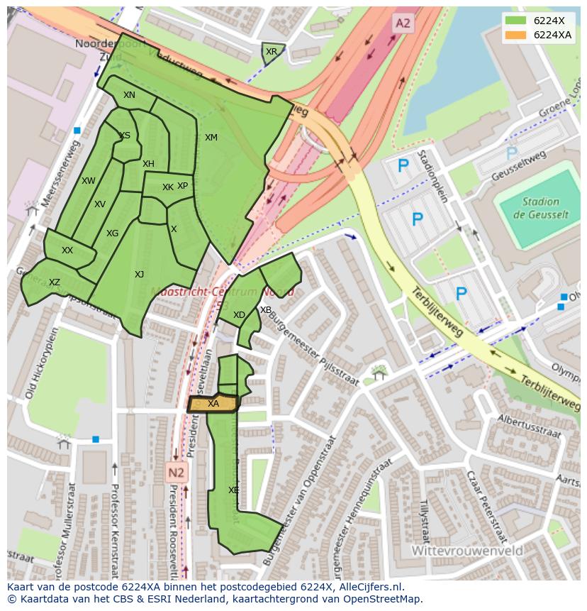 Afbeelding van het postcodegebied 6224 XA op de kaart.