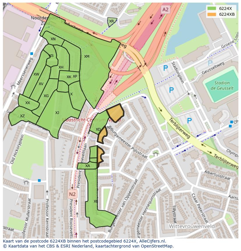 Afbeelding van het postcodegebied 6224 XB op de kaart.