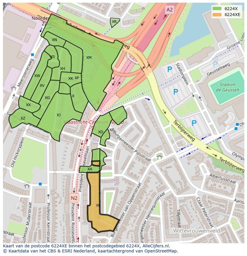 Afbeelding van het postcodegebied 6224 XE op de kaart.