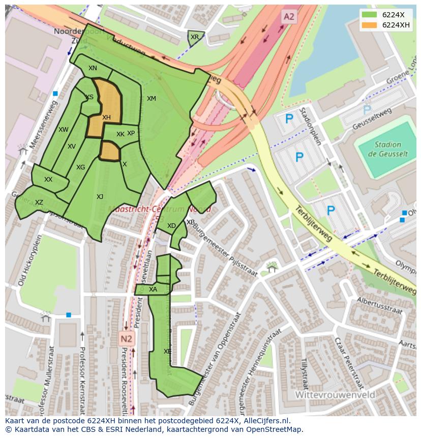 Afbeelding van het postcodegebied 6224 XH op de kaart.